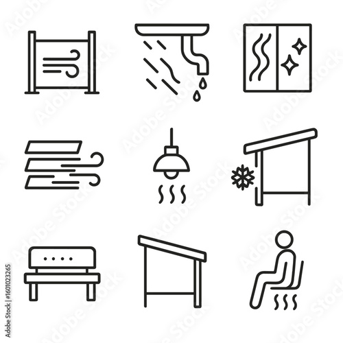 Weather-Proof Design Icons. Outline style icons of Weather-Proof Stop Design: windscreen barrier, overhead drain channel, anti-fog