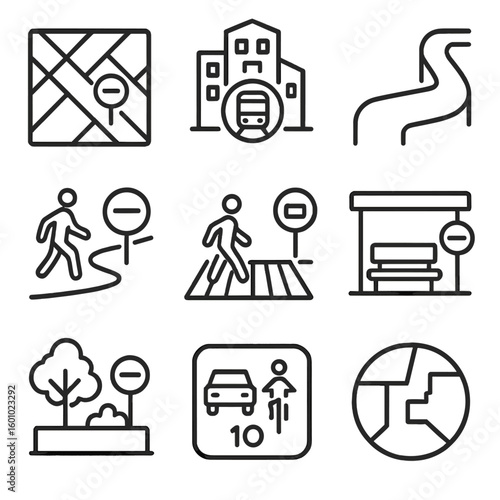 Urban Planning Icons. Outline style icons of Urban Planning Stop Integration: street stop placement map, transit-oriented design
