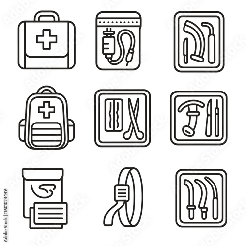Emergency Accessory Outline Icons. Outline style icons of Emergency Accessory Kits: trauma kit, IV start kit, airway management