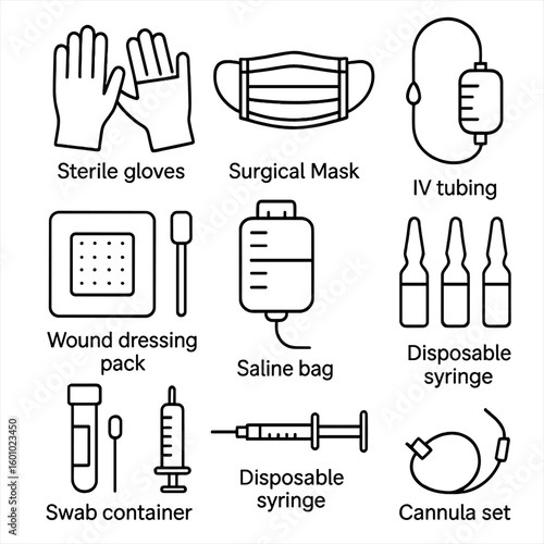 ICU Consumables Icons. Outline style icons of ICU Consumables: sterile gloves, surgical mask, IV tubing, saline bag, wound