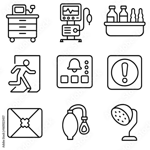 ICU Emergency Icons. Outline style icons of ICU Emergency Setup: crash response cart, emergency ventilator icon, critical meds