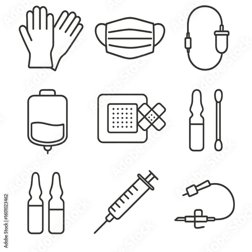 ICU Consumables Icons. Outline style icons of ICU Consumables: sterile gloves, surgical mask, IV tubing, saline bag, wound
