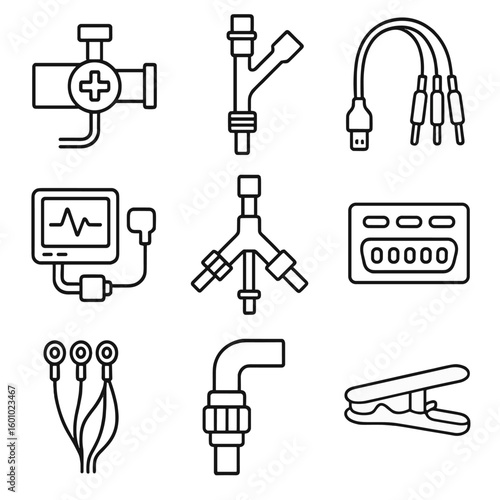 ICU Connection System Icons. Outline style icons of ICU Connection Systems: oxygen pipeline icon, suction line connector, data
