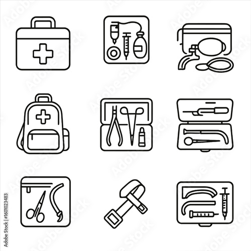 Emergency Accessory Outline Icons. Outline style icons of Emergency Accessory Kits: trauma kit, IV start kit, airway management