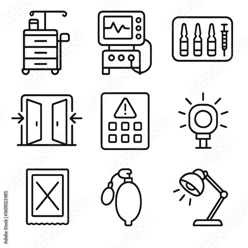 ICU Emergency Icons. Outline style icons of ICU Emergency Setup: crash response cart, emergency ventilator icon, critical meds