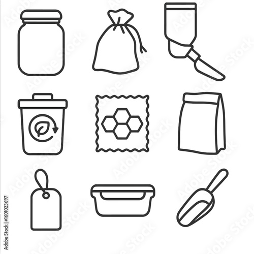 Zero-Waste Pantry Icons. Outline style icons of Zero-Waste Pantry: refillable jar, cloth bag, bulk bin scoop, compost bin, beeswax