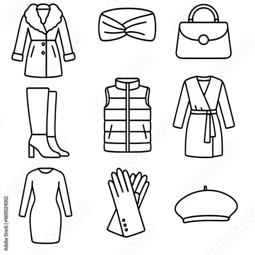 Outline Winter Clothing Icons. Outline style icons of Women’s Winter Clothing: fur-collar coat, knitted head wrap, stylish winter