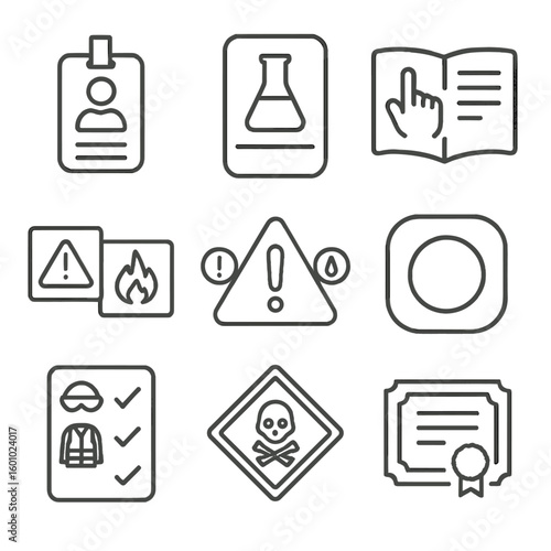 Safety Training Icons. Outline style icons of Training and Safety Signage: training badge icon, lab orientation sign, instruction