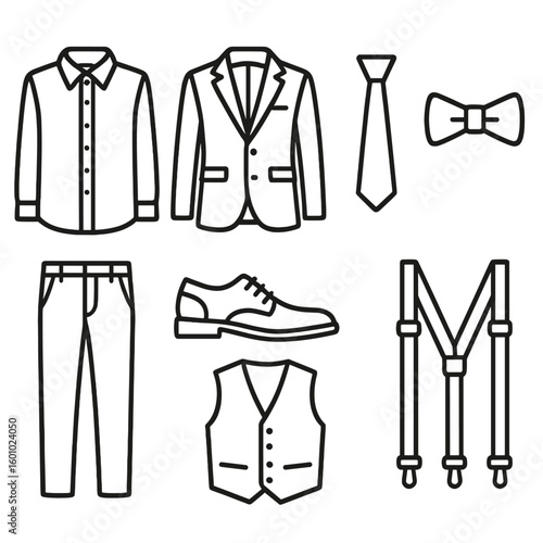 Men's Fashion Icons. Outline style icons of Men’s Fashion: dress shirt, suit, tie, bow tie, blazer, chinos, formal shoes, vest,