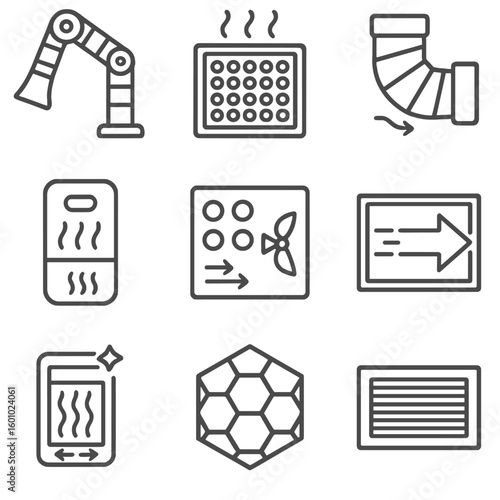 Ventilation System Icons. Outline style icons of Ventilation and Exhaust Systems: fume extractor arm, HEPA filter icon, air