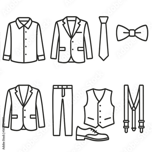 Men's Fashion Icons. Outline style icons of Men’s Fashion: dress shirt, suit, tie, bow tie, blazer, chinos, formal shoes, vest,