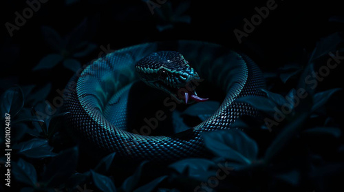 A coiled venomous snake, illuminated in a dark, shadowy environment.