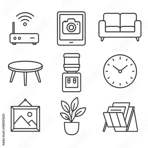 Photography Studio Icons. Outline style icons of Photography studio: Wi-Fi tether hub, remote viewing tablet, client sofa couch,