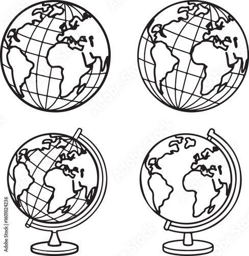 Outline Earth Globe Icons Set – Global Spheres with Continents, Orbit Rings, and Axis Tilt in Minimal Line Art