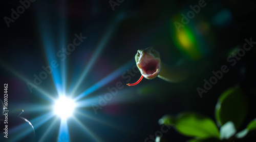 A viper strikes, its mouth agape, illuminated by a bright light source in the dark.
