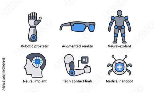 Futuristic technology icons: robotics, ai, augmented reality, medical innovations