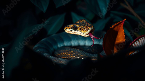 A close-up view of a snake with its tongue extended, surrounded by foliage.