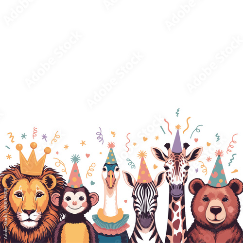 Cute cartoon animals wearing party hats and celebrating with confetti