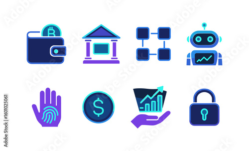 Futuristic financial technology icons set with neon gradient style