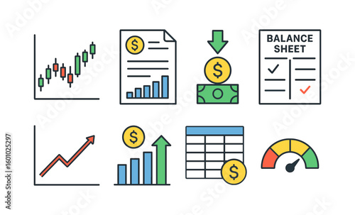 Financial data and growth icons for business analysis and performance tracking