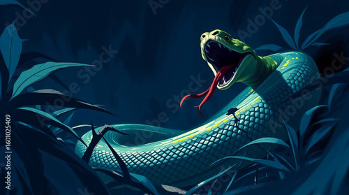A vibrant illustration depicts a green snake with its mouth open, amidst foliage.