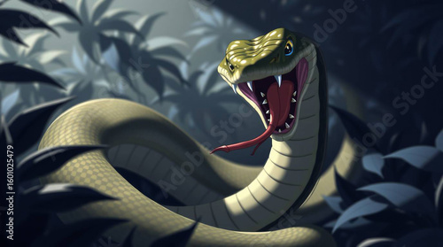 An illustration of a snake with its mouth open, tongue out, in a jungle setting with foliage.