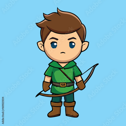 Cartoon archer with brown hair in green tunic stands holding bow against blue