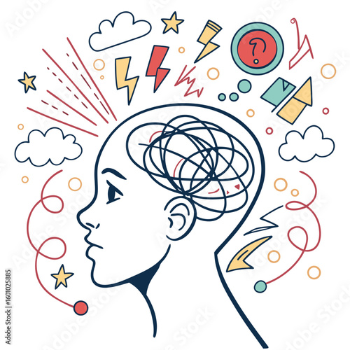 Brainstorm of Thoughts: A simple illustration depicts the inner turmoil of a person's thoughts and mental processes. Capturing the complexities of the human mind in a visually compelling manner.