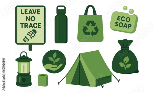 Eco camping essentials: sustainable gear icons for environmentally conscious adventures