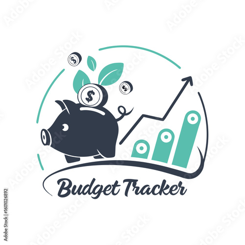 Budget Tracker: A stylized illustration of a budget tracker featuring a piggy bank with coins, leaves, and a growing graph, symbolizing financial growth and saving.