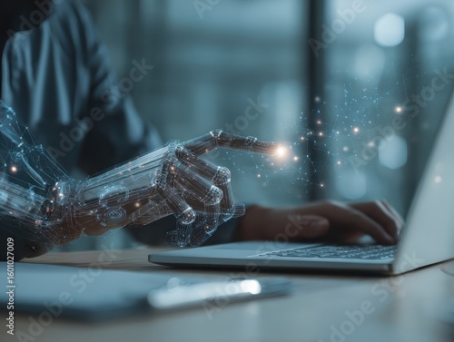 AI agent and intelligent automation IA technology. Business process automation BPA system. Businessman using laptop computer to give instructions to AI at desk in office.