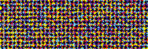 Bright multicolor quilt pinwheel seamless bg with black backdrop. Abstract windmill triangle geometric pattern. Vivid motif for design of handkerchief, scarf, tie, bandana. Simple vector mosaic