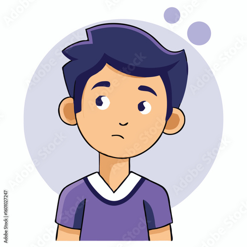 Cartoon boy looks sad with a purple background and bubbles floating above his head