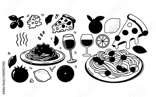 Mediterranean lunch and dinner icons in doodle style. Pasta, olive, pizza, cheese, tomato, lemon, wine. Dolce vita aesthetics, food icons