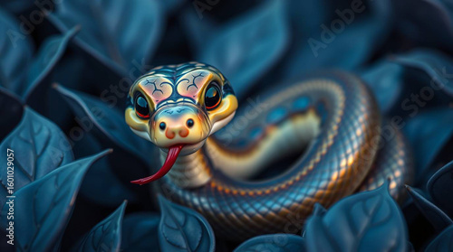 A snake with its tongue out is nestled among dark blue leaves, creating a striking contrast.
