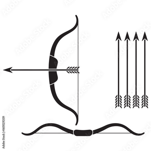 Black bow and arrow set with fletched arrows and bowstring archery sport