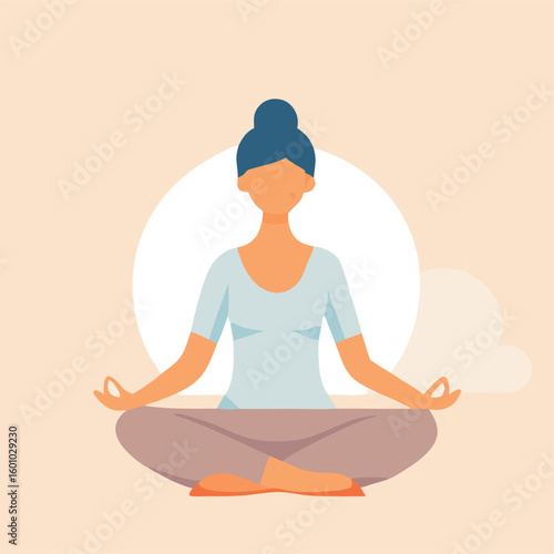 Asian woman is sitting cross legged and meditating in lotus position against neutral background