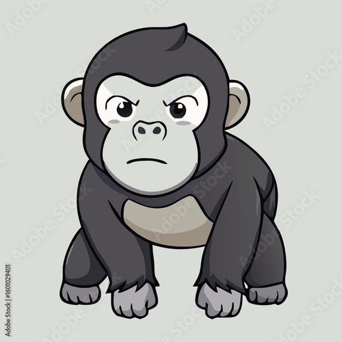 Cartoon gorilla with a grumpy face sits while staring forward against a gray background