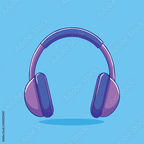Cartoon headphones with purple cushions display a shadow, isolated against a bright blue background