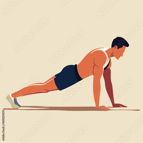 Athletic man with dark hair does plank exercise wearing shorts on beige background