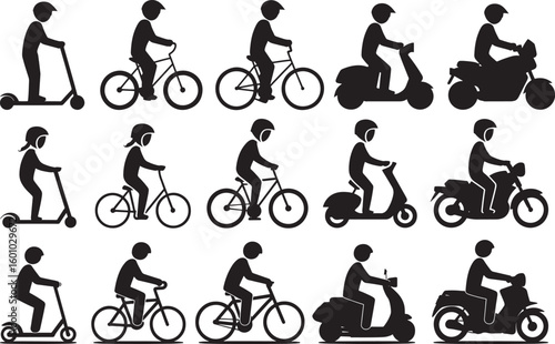 Black silhouette figures riding scooters bicycles and motorcycles vector