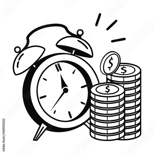 Time is Money: A black and white illustration featuring an alarm clock paired with stacks of coins, symbolizing the value of time in relation to financial growth and investment. 
