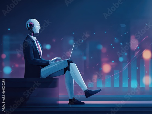 AI agent supporting business processes with automation technology. Generative artificial intelligence analyzing data and predicting future. Businessman using laptop computer.