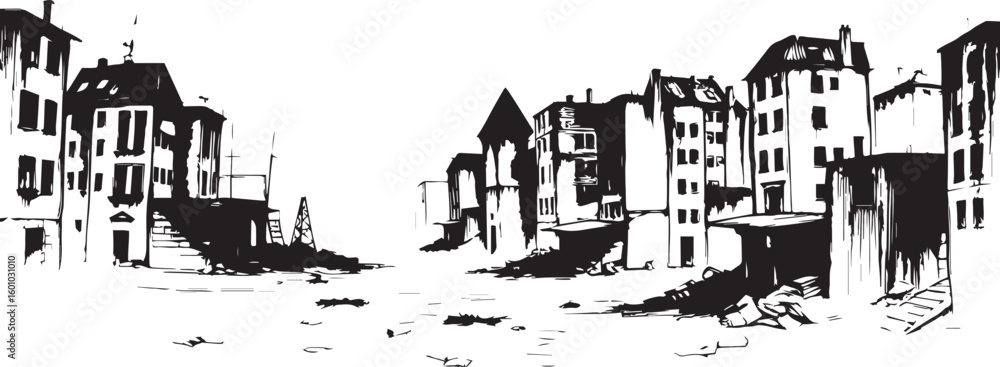 Obraz premium City landscape. Different buildings on street, outline cityscape hand sketch, flat houses. Hand drawn vector illustration