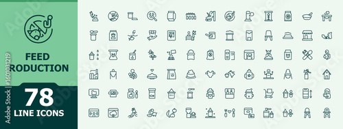 Feed Production icon set. Minimal icons pack. Contains such symbols as food, farm, production, feed, manufacturing. Pixel perfect. Editable vector. Farm line icon set.