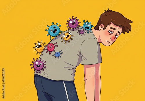 Exhausted Man with Colorful Virus-Like Germs on His Back Against Yellow Background.