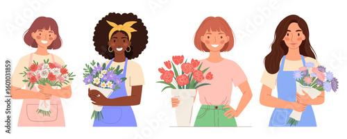 Set of diverse young woman florists of various nationalities with bouquets. Perfect for floral business, flower shops, creative services, or celebration themes. Modern flat vector illustration.