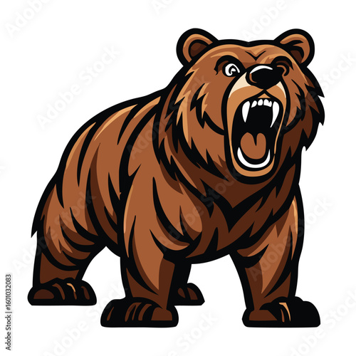 Animated brown grizzly bear fiercely roars with sharp teeth ready to attack on a white backdrop