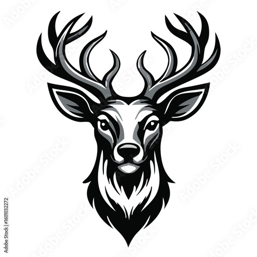 A majestic monochrome deer head looks forward with formidable antlers, captivating observers' attention