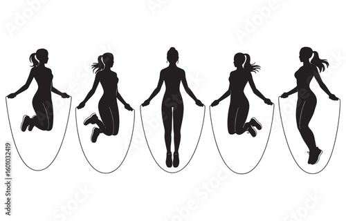 Five black silhouette women jumping rope in different poses fitness exercise